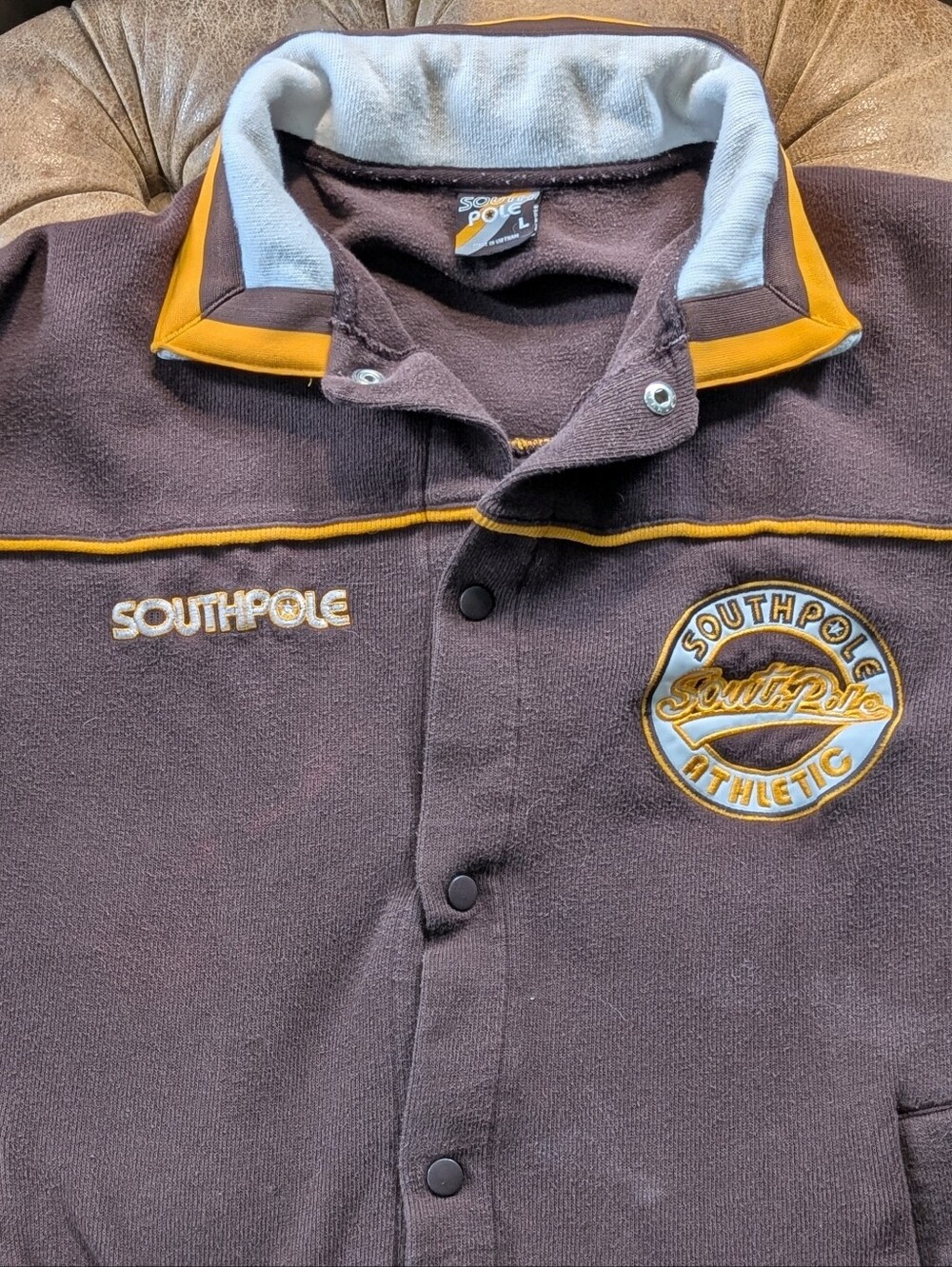 South Pole Vintage Y2K Button Front Coat Size Large 100% Cotton Brown Embroidery